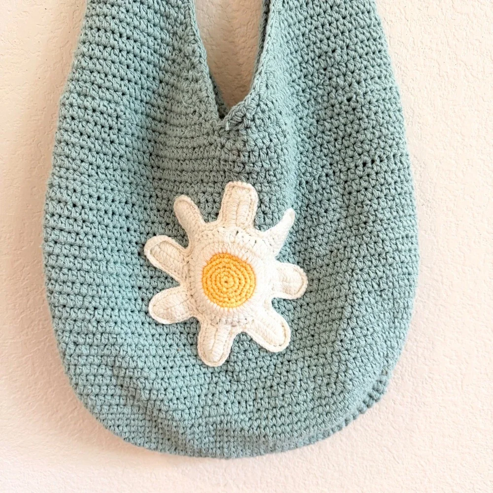Handmade Crochet Daisy Hobo Bag Sage‎ Green Boho Flower Shoulder Tote Slouchy